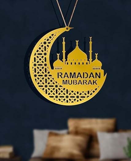 Gold Ramadan Mubarak Hanging Decor – 20x20cm Acrylic Crescent Moon & Mosque Design