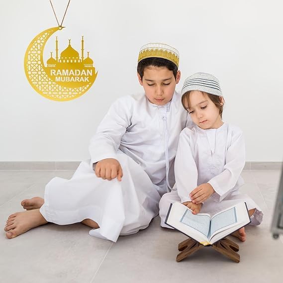 Gold Ramadan Mubarak Hanging Decor – 20x20cm Acrylic Crescent Moon & Mosque Design