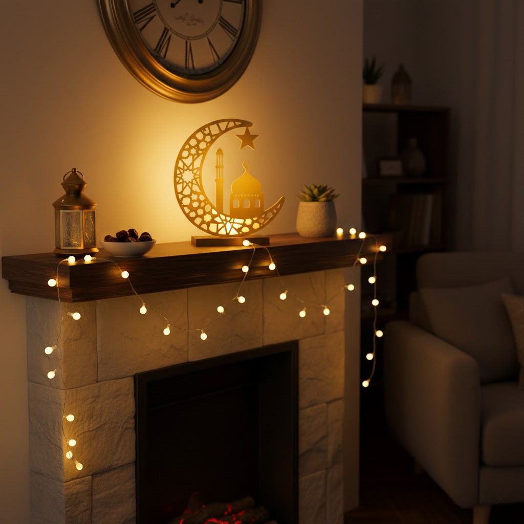 Gold Wooden Crescent Moon Ramadan Lamp with Mosque & Star Design – Islamic Table Décor