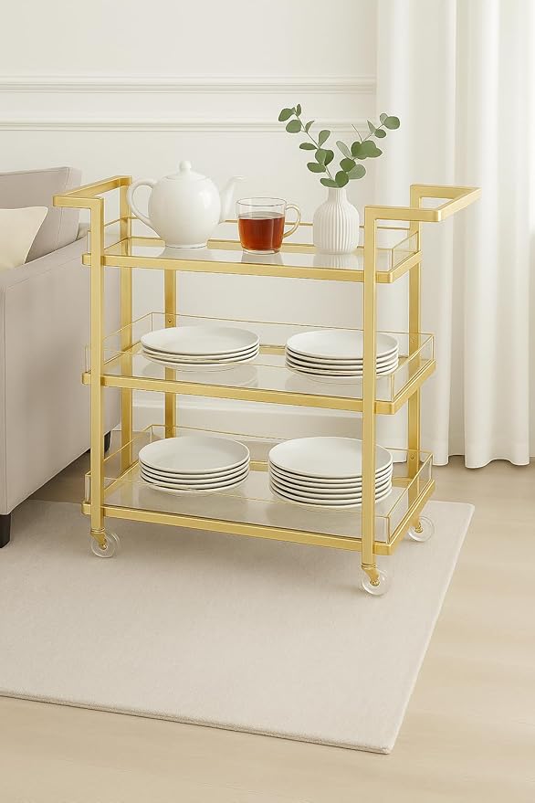 Elegant 3-Tier Gold & Acrylic Serving Trolley – 85×80×40 cm