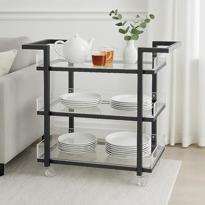 Modern 3-Tier Black Metal & Clear Acrylic Serving Trolley – 85×80×40 cm