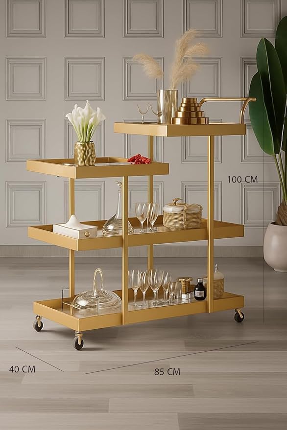 Luxury Gold Iron Serving Trolley with Clear Plexiglass – 3-Tier Elegant Cart (85×40×100 cm)