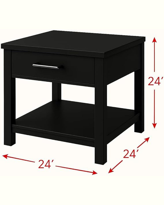 Rustic Black Wood End Table with Drawer & Shelf .