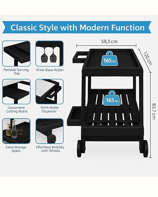 Black Wooden Outdoor Bar Cart with Wheels – 120x59x84 cm .