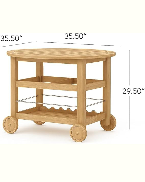 Round Wooden Bar Cart with Wheels – Natural Finish .